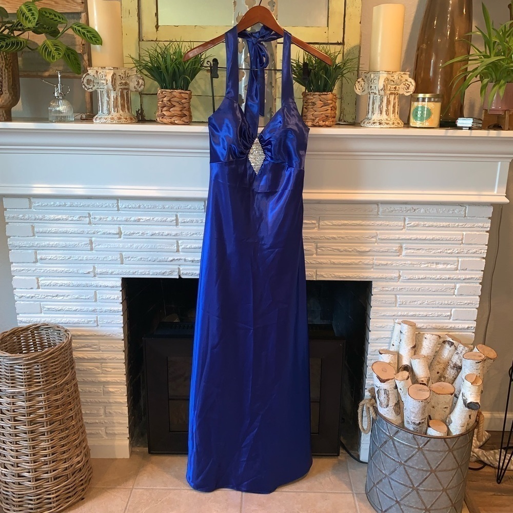 Jessica McClintock Gunne Sax VTG Royal Blue Satin Halter Gown Jeweled BodyCon S